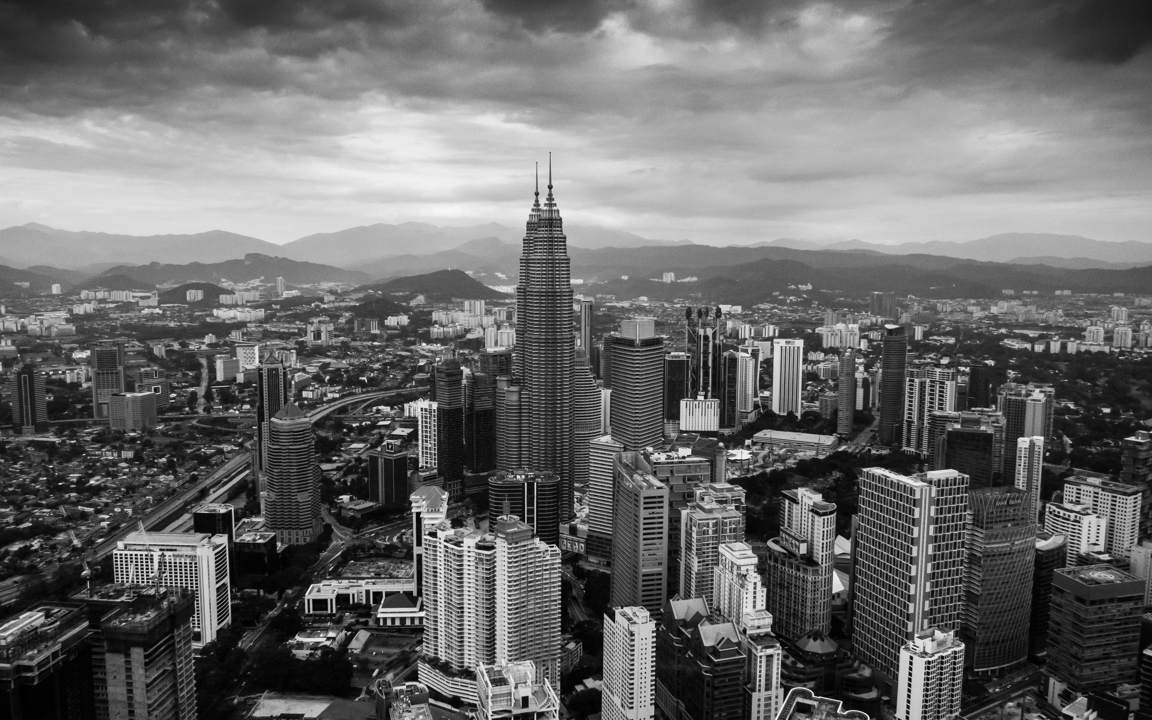 city, Petronas Towers, Monochrome, Kuala Lumpur, Aerial view Wallpaper