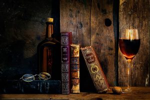 old, Books, Wine, Glasses