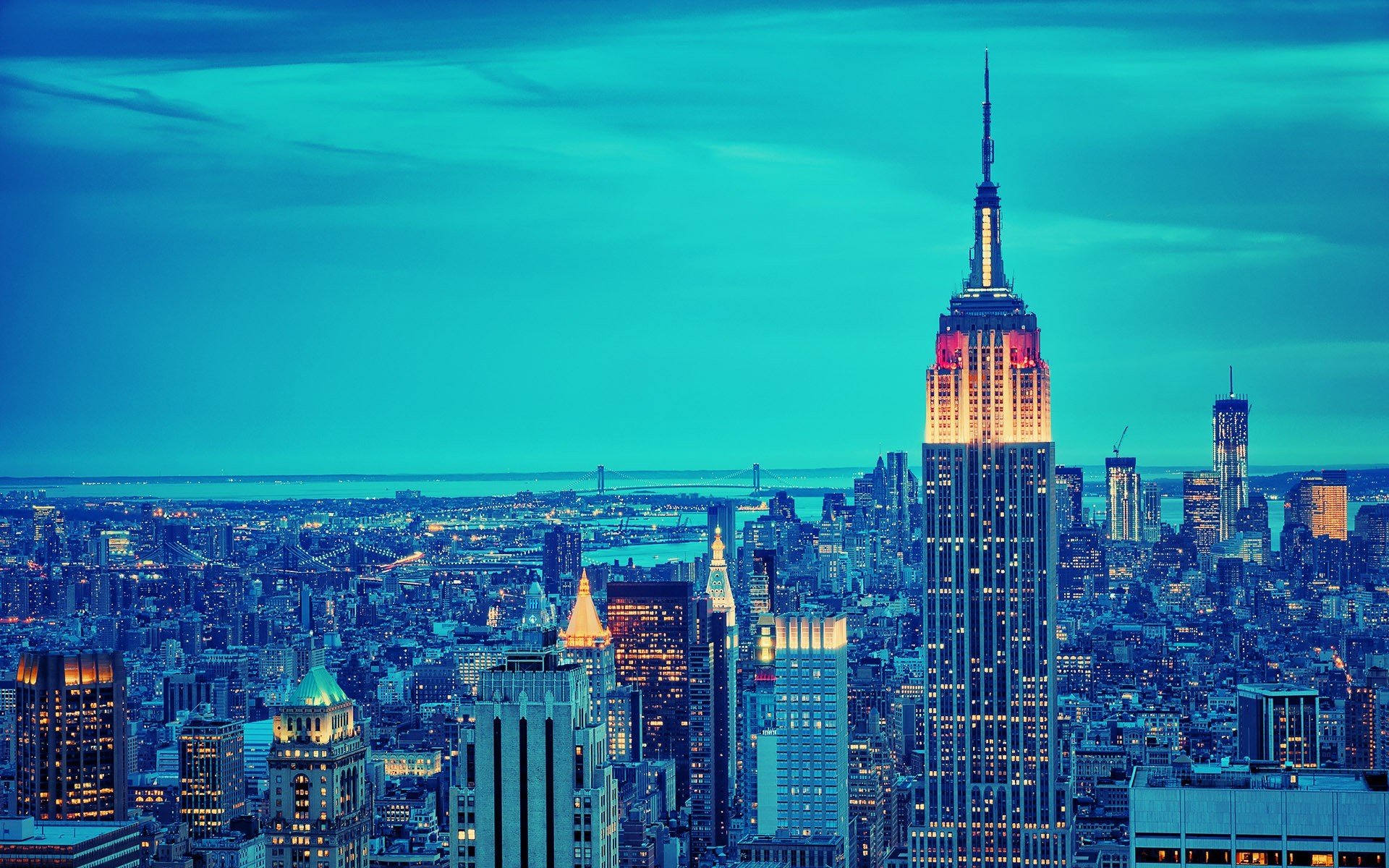 photography, City, Urban, Cityscape, Skyscraper, Empire State Building, New York City, Lights, Blue, Building Wallpaper