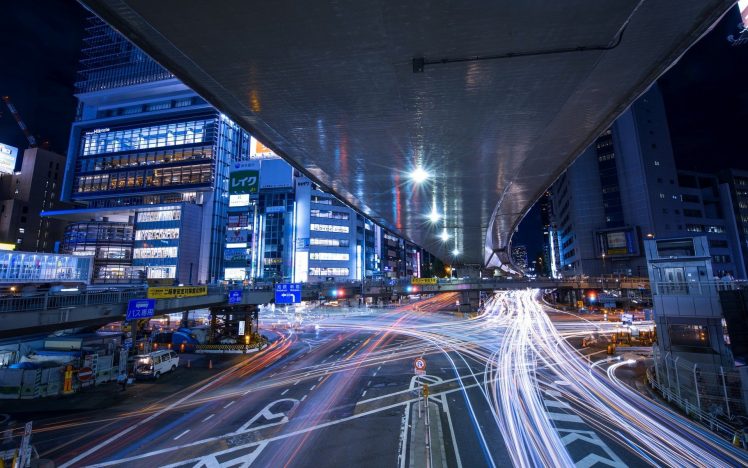 photography, Urban, Building, Night, Lights, Street, Japan, Tokyo, Road, Long exposure HD Wallpaper Desktop Background