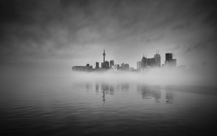 photography, Water, Monochrome, Mist, City, Cityscape, Reflection, Toronto HD Wallpaper Desktop Background