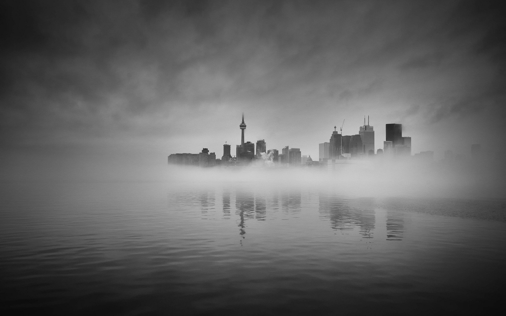 photography, Water, Monochrome, Mist, City, Cityscape, Reflection, Toronto Wallpaper