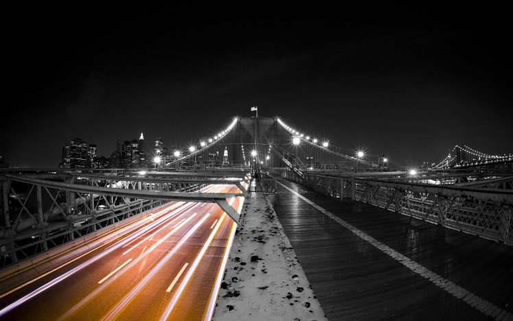 photography, Cityscape, Urban, City, Bridge, New York City, Night, Lights, Brooklyn Bridge, Architecture, Selective coloring HD Wallpaper Desktop Background