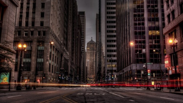 photography, City, Building, Street, Long exposure, HDR, Chicago, Light trails HD Wallpaper Desktop Background