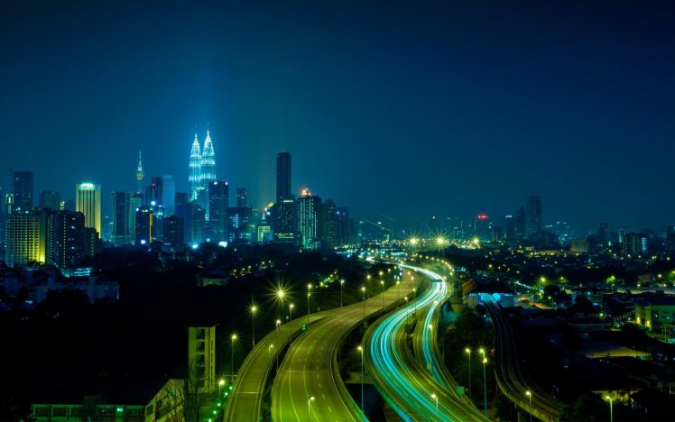photography, Urban, City, Night, Building, Lights, Skyscraper, Highway, Malaysia, Kuala Lumpur HD Wallpaper Desktop Background