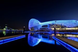 photography, Water, Night, Reflection, Lights, Race tracks, Yas Marina Circuit, Abu Dhabi