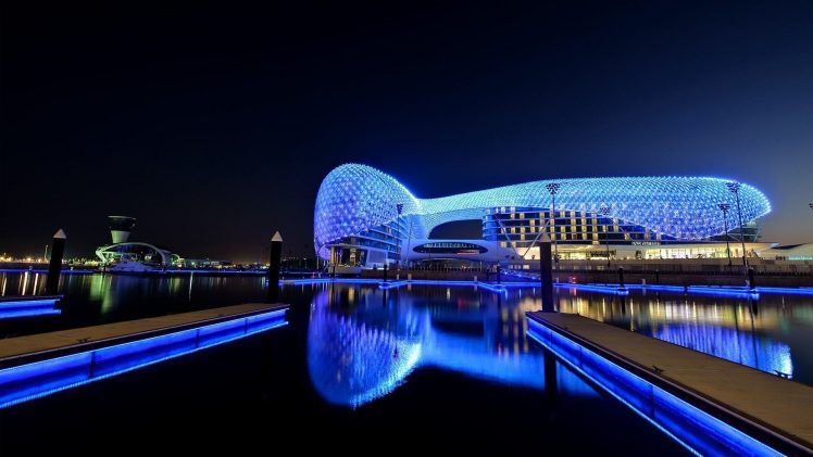 photography, Water, Night, Reflection, Lights, Race tracks, Yas Marina Circuit, Abu Dhabi HD Wallpaper Desktop Background