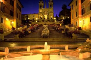 Italy, Rome, Church, Stairs, Fountain, Evening, Lights, Street light, City, Piazza di Spagna