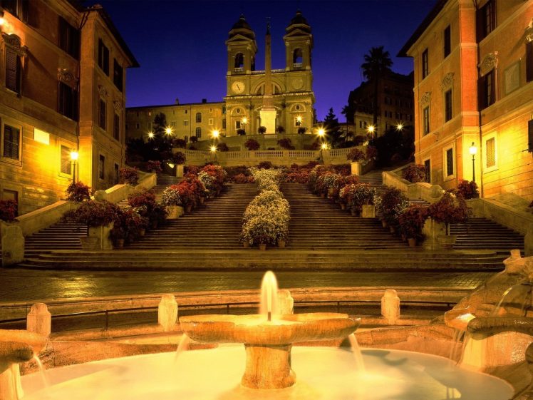 Italy, Rome, Church, Stairs, Fountain, Evening, Lights, Street light, City, Piazza di Spagna HD Wallpaper Desktop Background