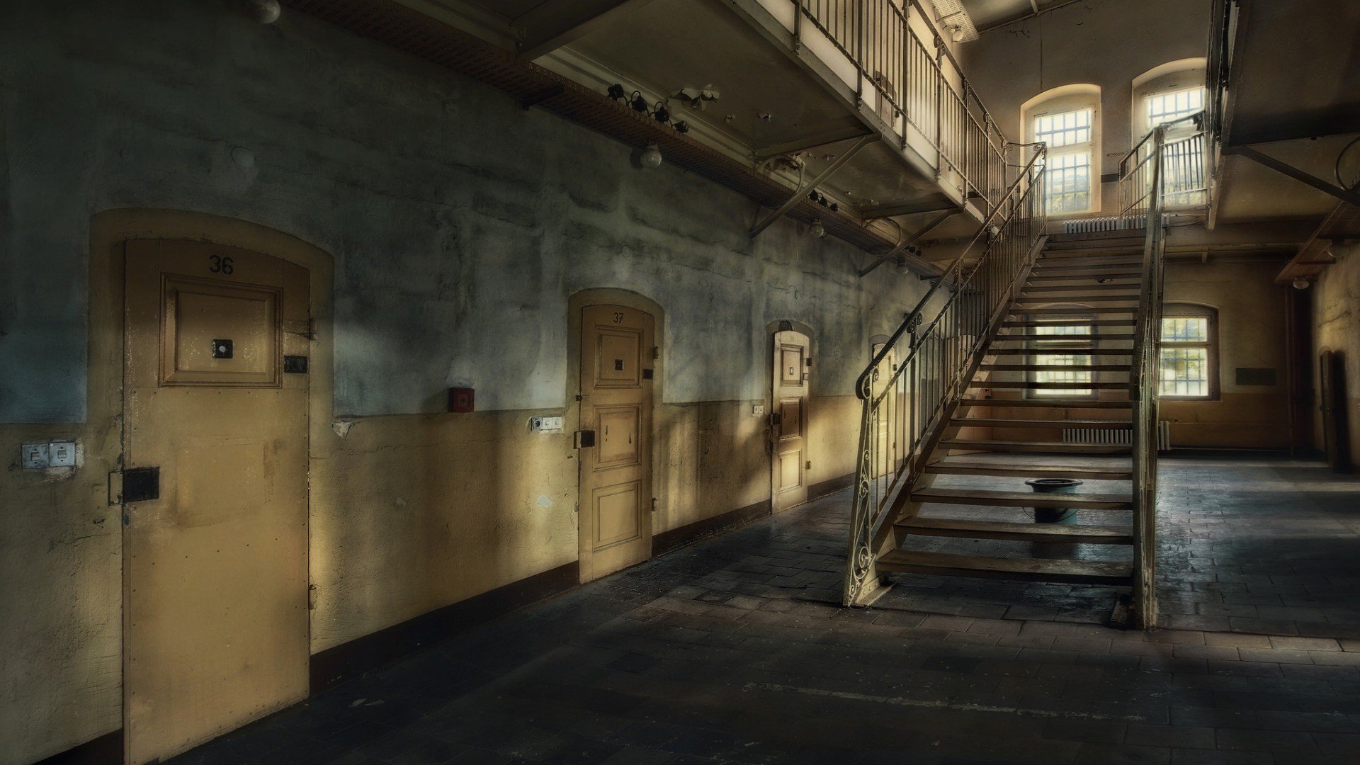 architecture, Interiors, Abandoned, Silent, Prison, Door, Window, Stairs, Hallway, Natural light Wallpaper