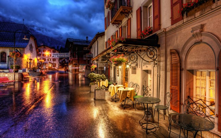 photography, Village, Villages, Rain, Street, Lights, Night, House, Zermatt, Germany HD Wallpaper Desktop Background