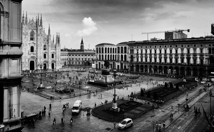photography, City, Urban, Building, Square, Church, Architecture, Monochrome, Italy, Milan HD Wallpaper Desktop Background