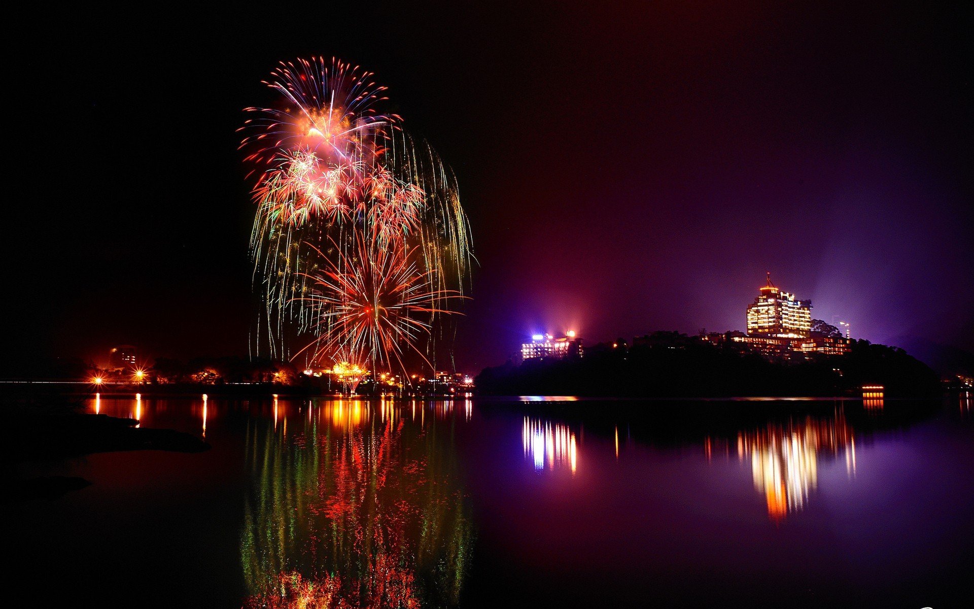 photography, Water, Night, Lights, Fireworks, Reflection Wallpaper