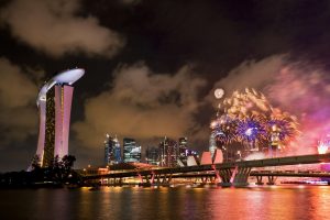 photography, City, Building, Night, Lights, Reflection, Fireworks, Bridge, Singapore