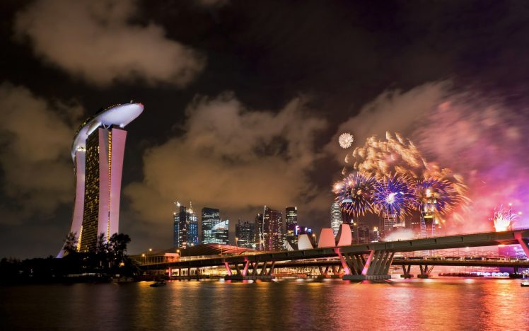 photography, City, Building, Night, Lights, Reflection, Fireworks, Bridge, Singapore HD Wallpaper Desktop Background