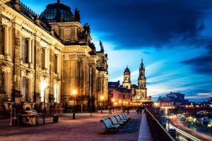 photography, Evening, Dusk, City, Church, Lights, Bench, Building, Long exposure, Road, Water, River, Cityscape, Dresden, Germany
