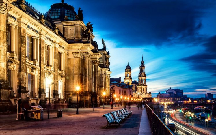 photography, Evening, Dusk, City, Church, Lights, Bench, Building, Long exposure, Road, Water, River, Cityscape, Dresden, Germany HD Wallpaper Desktop Background
