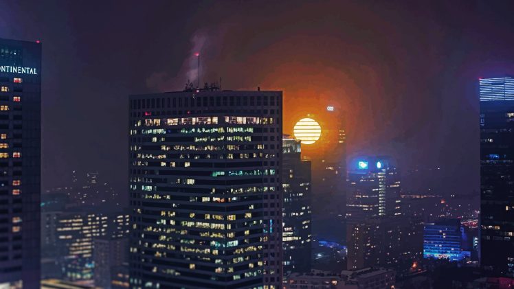 city, Warsaw, Building, Synth, Cyberpunk, Sun HD Wallpaper Desktop Background
