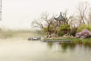 painting, Japanese Art, Asian architecture, Cherry blossom, Duck, Lake