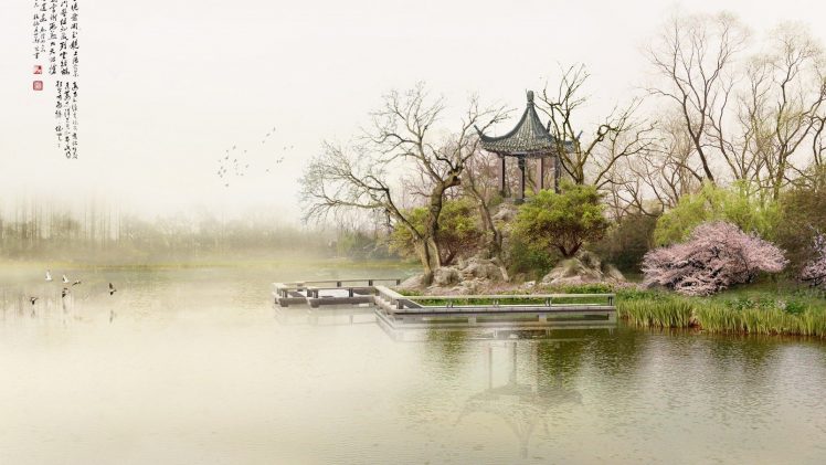 painting, Japanese Art, Asian architecture, Cherry blossom, Duck, Lake HD Wallpaper Desktop Background