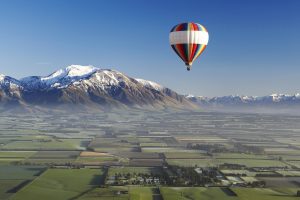 New Zealand, Hot air balloons, Aerial view, Snowy peak