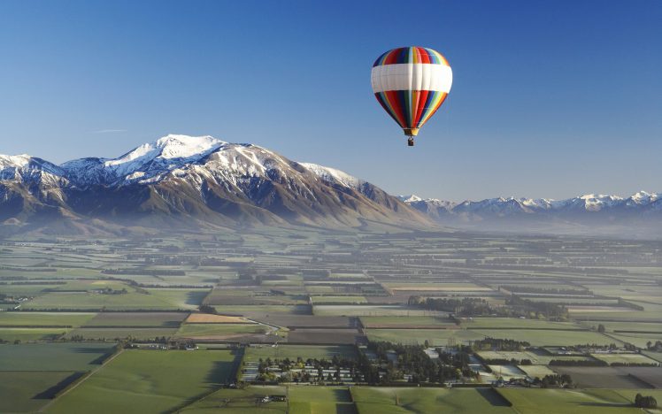 New Zealand, Hot air balloons, Aerial view, Snowy peak HD Wallpaper Desktop Background
