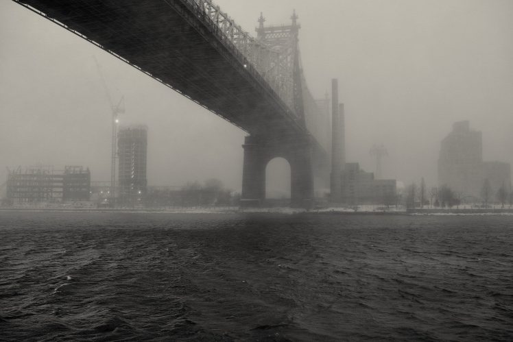 bridge, Mist, Queensboro Bridge, New York City, Monochrome HD Wallpaper Desktop Background