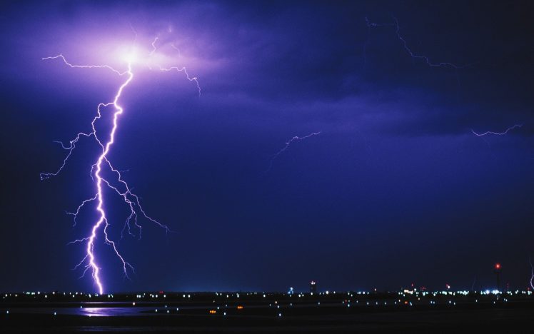 photography, Night, Urban, Lights, Airport, Storm, Lightning HD Wallpaper Desktop Background