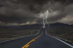 road, Storm, Lightning, Desert