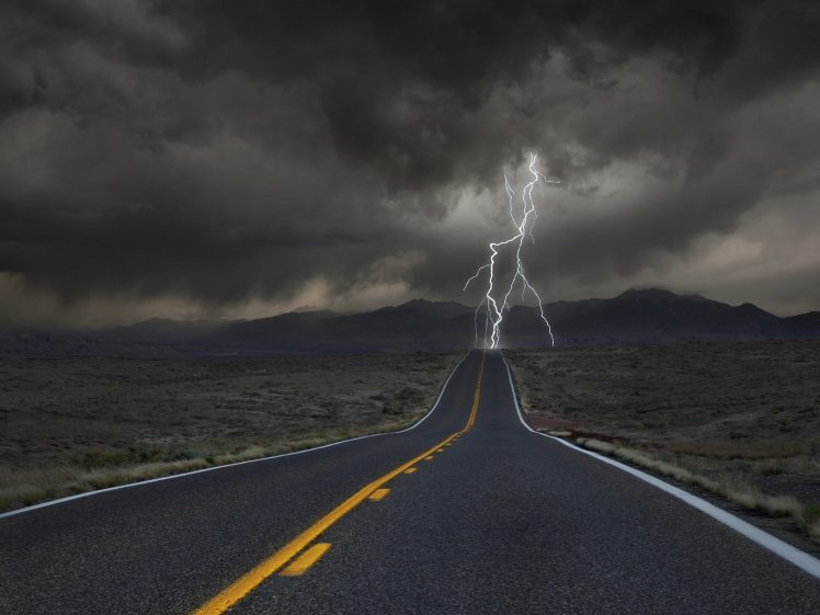 road, Storm, Lightning, Desert HD Wallpaper Desktop Background
