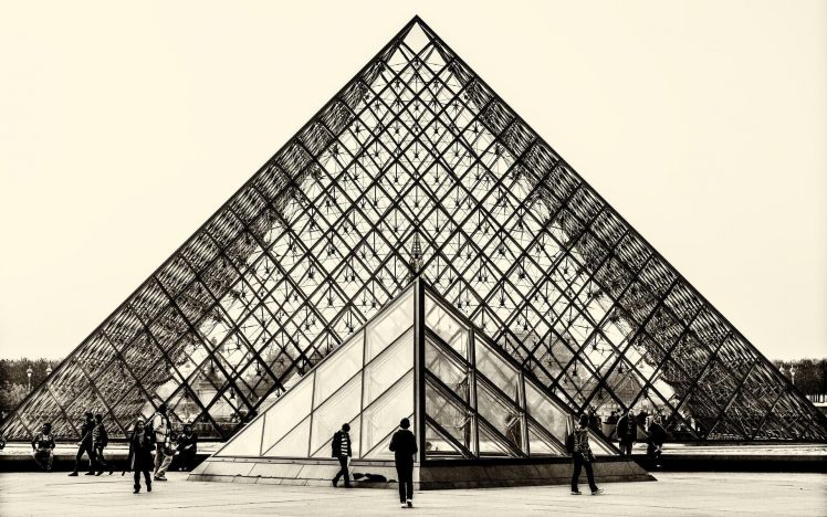 photography, Monochrome, Architecture, Museum, Paris, Louvre, Pyramid HD Wallpaper Desktop Background