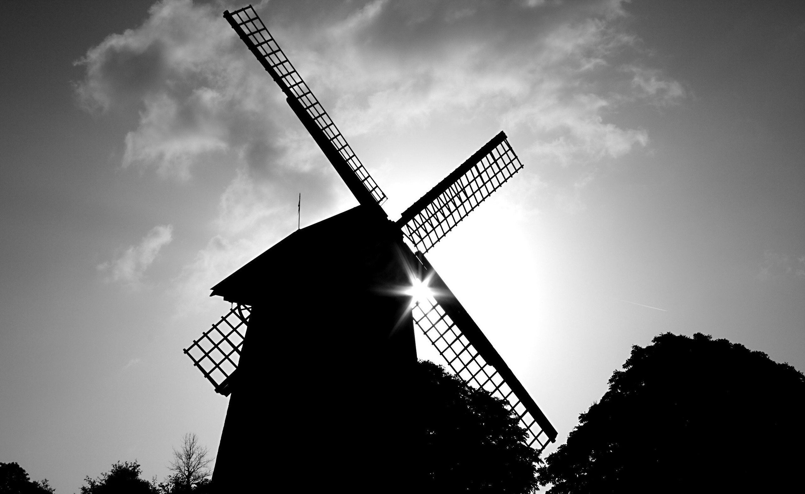 photography, Monochrome, Windmills, Architecture, Sun Wallpaper
