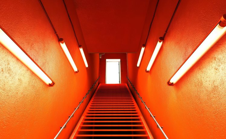 photography, Orange, Stairs, Neon, Lights, Mirrors Edge HD Wallpaper Desktop Background
