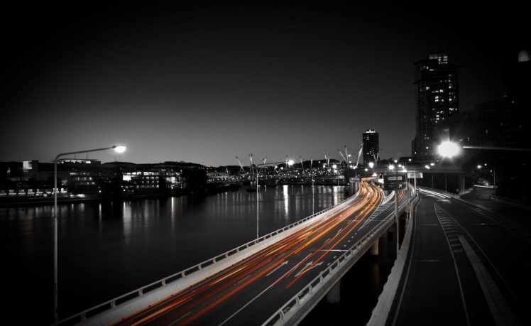 photography, Urban, City, Building, Lights, Highway, Long exposure, Water, River, Brisbane HD Wallpaper Desktop Background