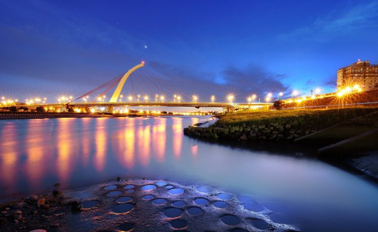 photography, Urban, City, Lights, Bridge, Taiwan, River, Water HD Wallpaper Desktop Background