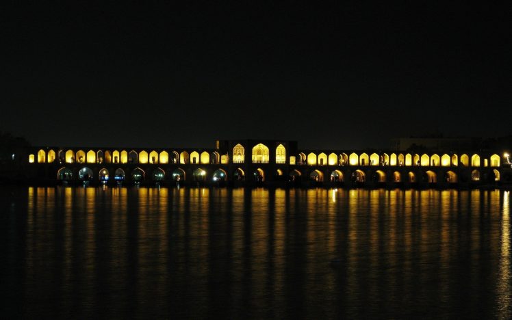 photography, Night, Water, Architecture, Lights, Reflection, Iran, River, Bridge HD Wallpaper Desktop Background