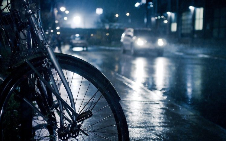 photography, City, Urban, Lights, Rain, Street, Road, Night, Bicycle HD Wallpaper Desktop Background
