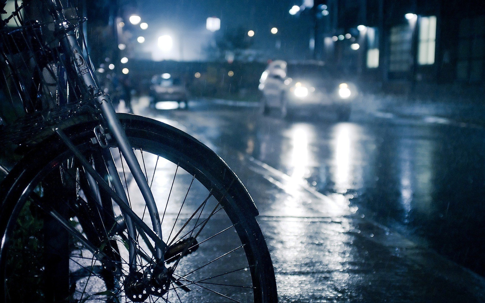 photography, City, Urban, Lights, Rain, Street, Road, Night, Bicycle Wallpaper