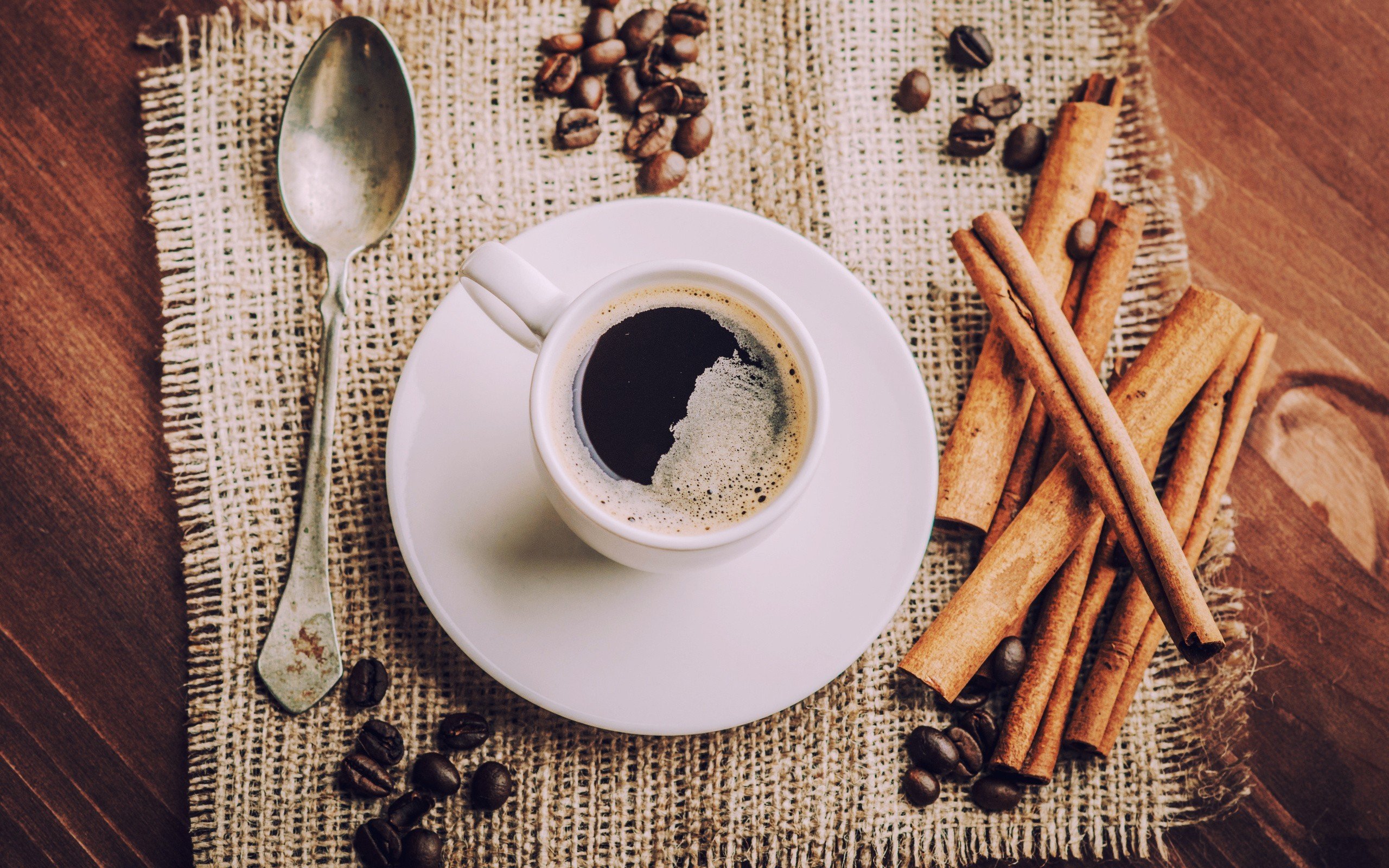 coffee, Cup, Spoons, Food, Coffee beans, Cinnamon Wallpaper