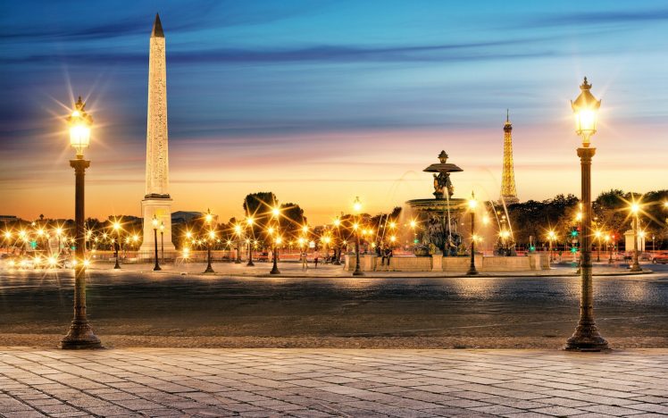 photography, City, Urban, Sunrise, Lights, Building, Street light, Paris, Eiffel Tower HD Wallpaper Desktop Background