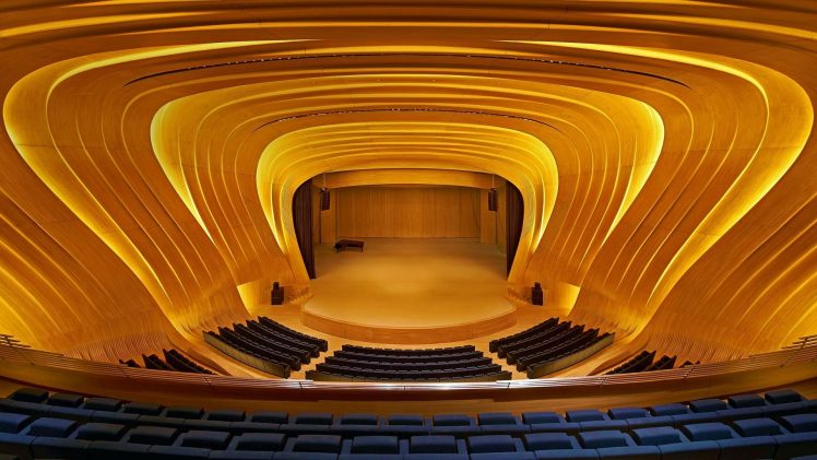 symmetry, Interiors, Modern, Concert hall, Baku, Azerbaijan, Chair, Podiums, Stages, Lights, Piano, Wooden surface HD Wallpaper Desktop Background