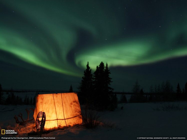 National Geographic, Snow, Trees, Tent, Aurorae HD Wallpaper Desktop Background