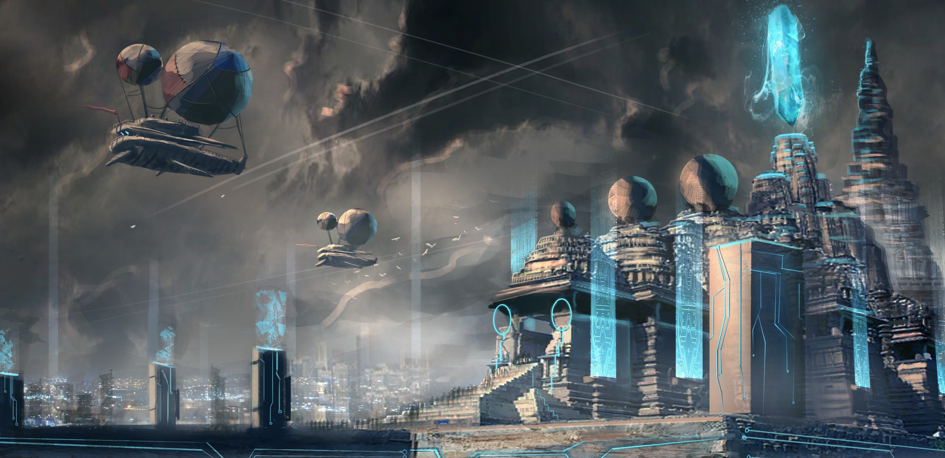futuristic, Blue, Temple, City Wallpaper