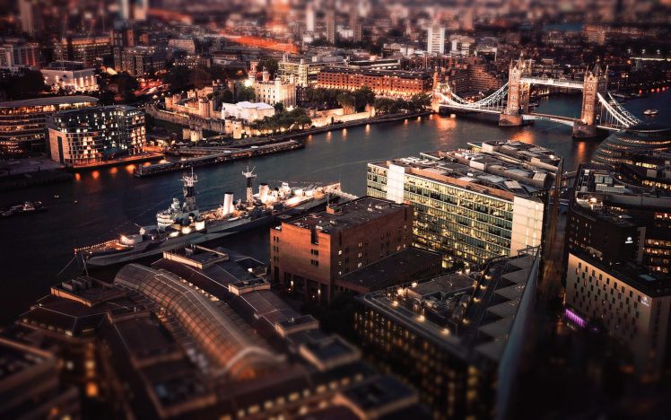tilt shift, River, London, Boat, Tower Bridge HD Wallpaper Desktop Background