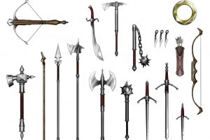 bows, Arrows, Quiver, Scimitar, Long sword, Short sword, Flail, Halberds, Spear, War hammer, Battle axe, Crossbow, Mace