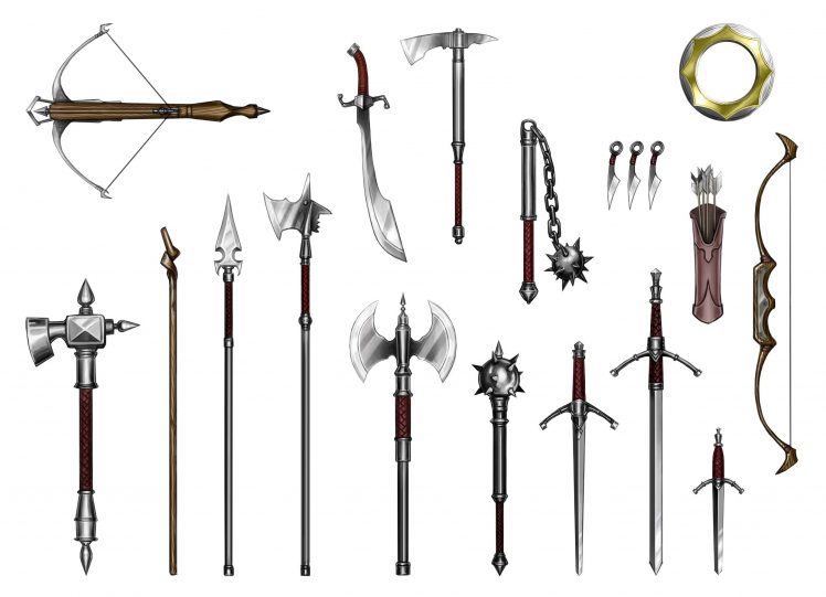 bows, Arrows, Quiver, Scimitar, Long sword, Short sword, Flail, Halberds, Spear, War hammer, Battle axe, Crossbow, Mace HD Wallpaper Desktop Background