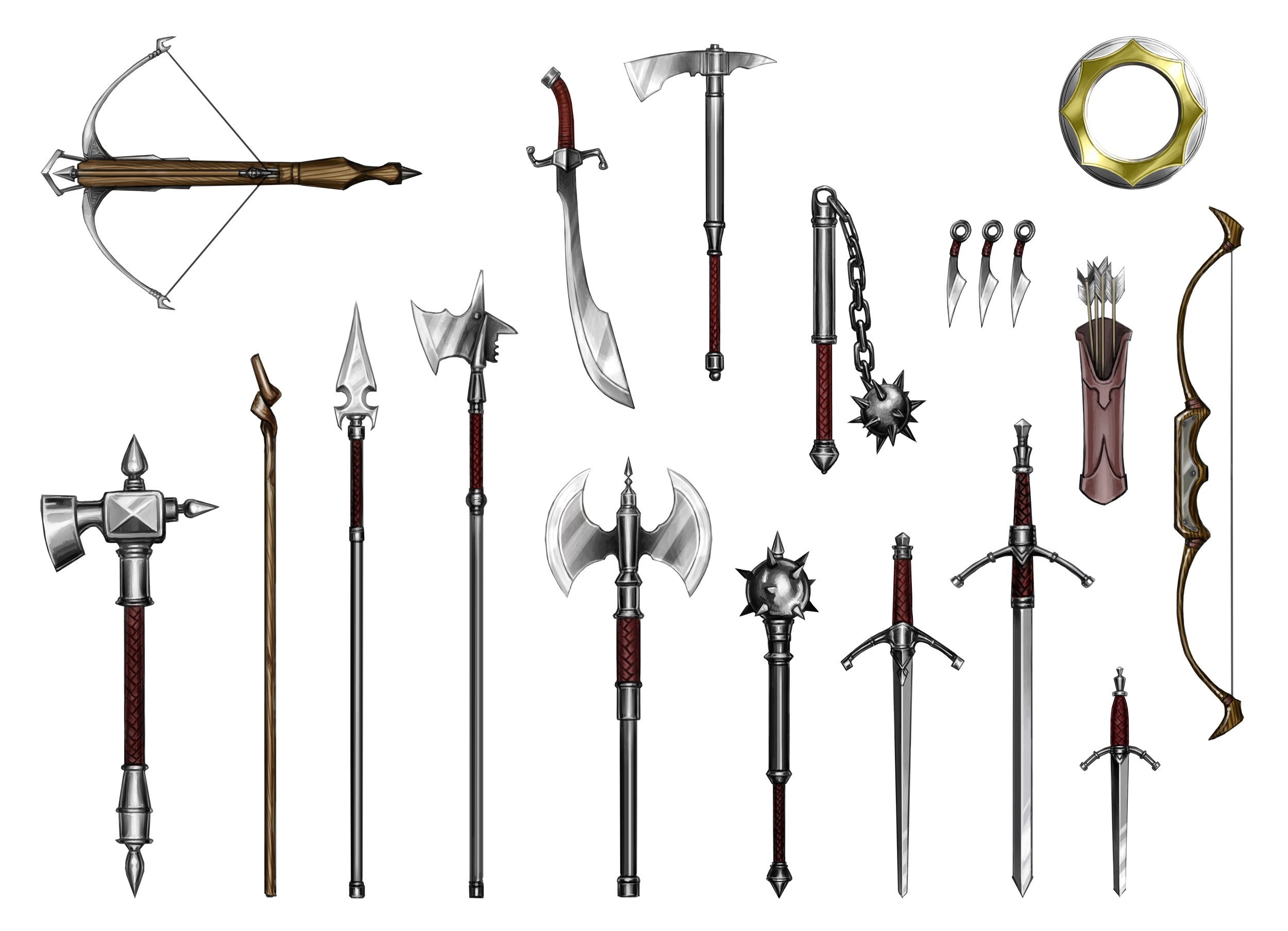 bows, Arrows, Quiver, Scimitar, Long sword, Short sword, Flail, Halberds, Spear, War hammer, Battle axe, Crossbow, Mace Wallpaper