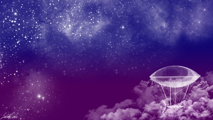 steampunk airship, Fantasy ship, Purple, Blue, Stars HD Wallpaper Desktop Background
