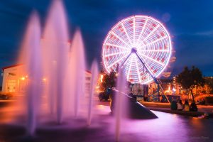 fountain, Ferris wheel, City, Night, Long exposure