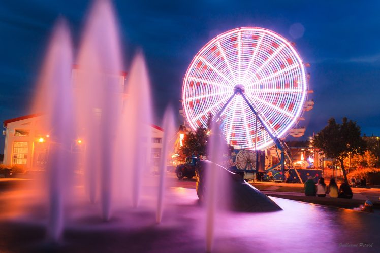 fountain, Ferris wheel, City, Night, Long exposure HD Wallpaper Desktop Background